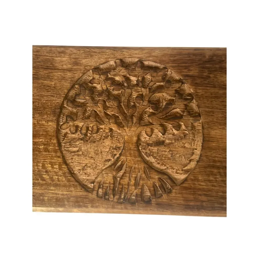Rustic Tree of Life Carved Wooden Box with Clasp and Hinges